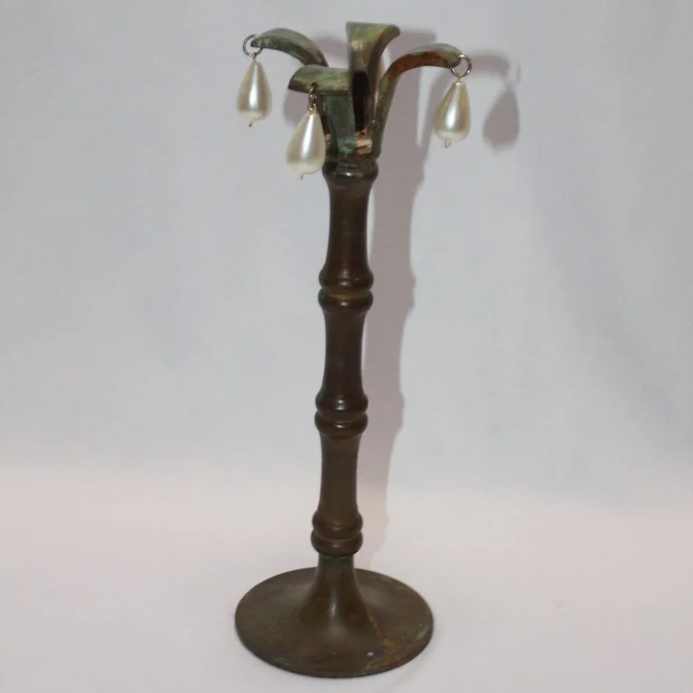 Brass Taper Candlestick w/Patina and Teardrop Pearls